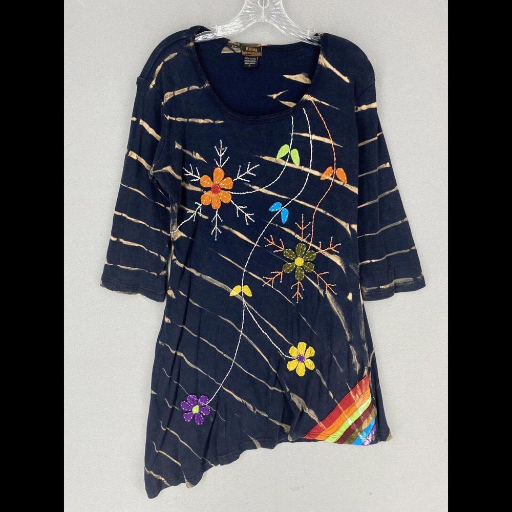 Rising International Womens Dress Size Large Navy Blue Embellished Flower Casual